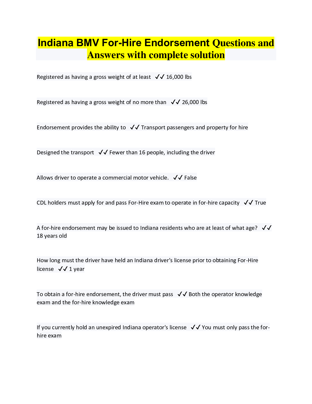 Preview image for Indiana BMV For-Hire Endorsement Questions and Answers with complete solution